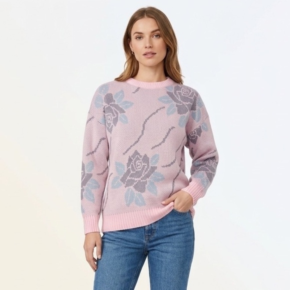 Pink & Gray Floral Print Crewneck Knit Sweater Size Medium